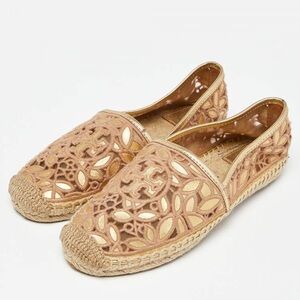 Tory Burch Rhea Gold Leather Floral Espadrilles Sz 8.5